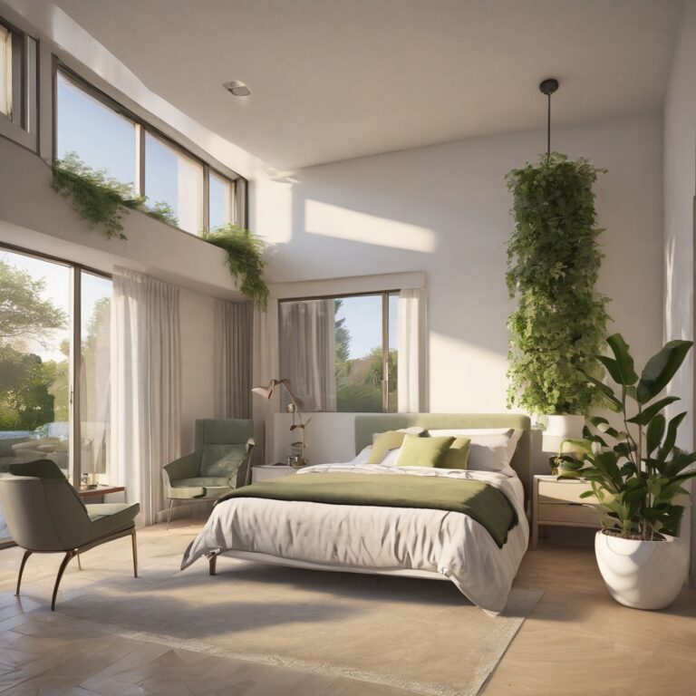 Contemporary bedroom in white and green with trailing plants and garden view