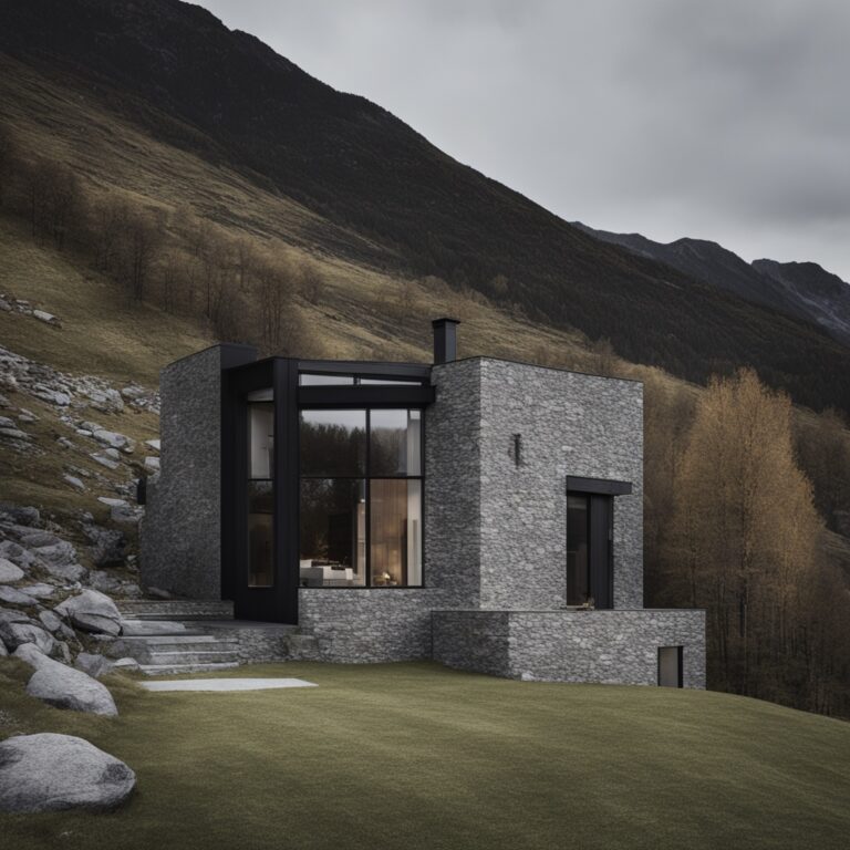 Grey stone house with black window frames on a green Highland slope
