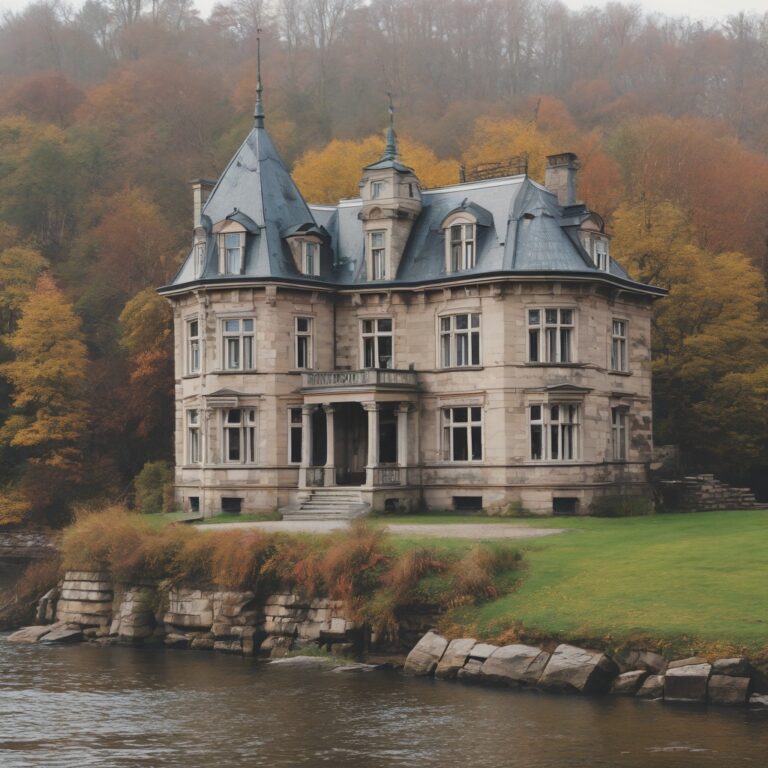 Belle Epoque stone villa with slate turrets above a river in autumn