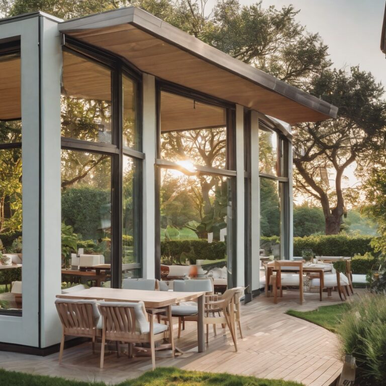 Glazed garden pavilion with dining terrace in low evening sunlight