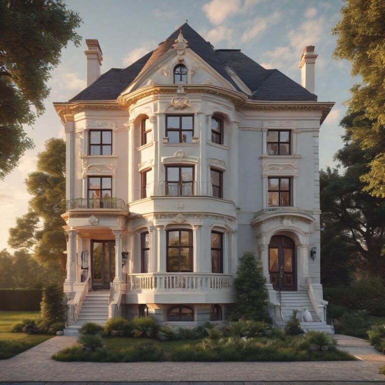 White Victorian-style villa with bay windows in golden evening light
