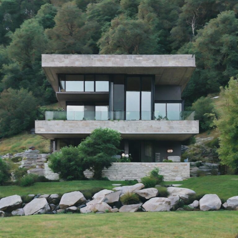 Concrete house cantilevered over a wooded slope with glass balconies