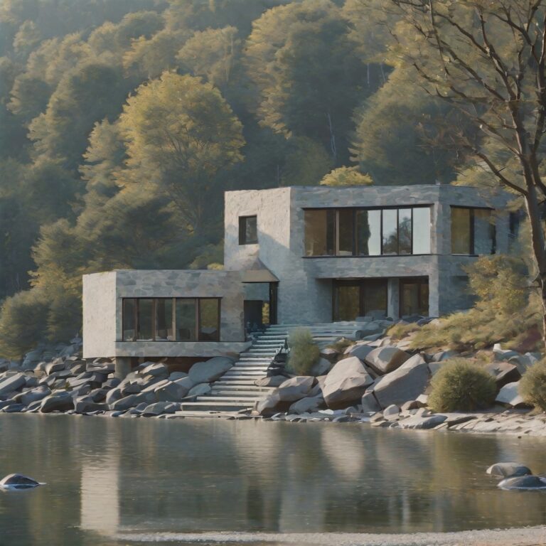 Pale stone house on a lake shore below a wooded hillside