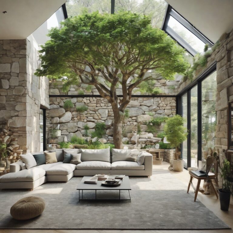 Living room built around a tree in a courtyard behind dry-stone walls