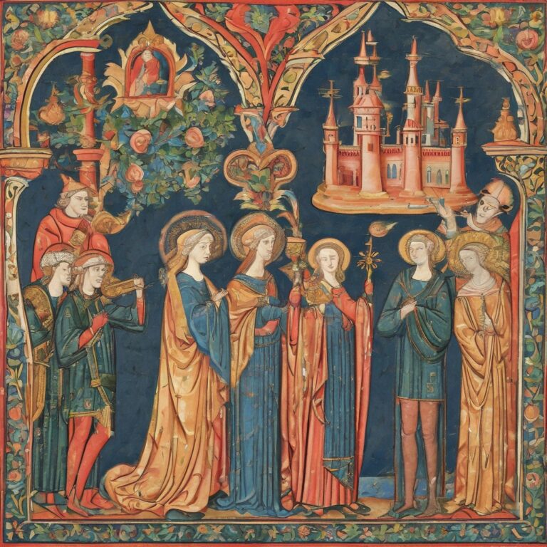 Illuminated page of haloed saints before a golden castle and flowering trees