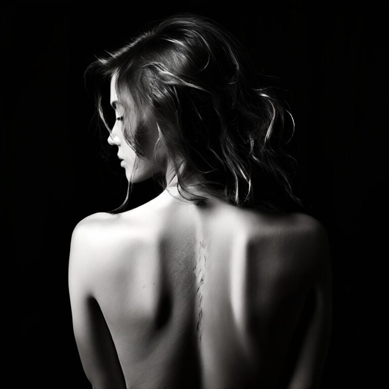 Schwarz-weiße computergenerierte Akte einer Frau mit dem Rücken zur Kamera. Zu sehen sind ihr nackter Rücken und ihr wallendes Haar, beleuchtet auf einem dunklen Hintergrund.