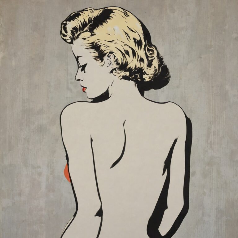 Pop Art portrait of a blonde woman seen from behind, flat colour on grey