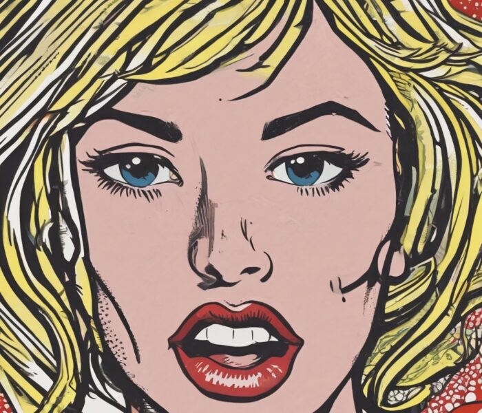 Illustration im Pop-Art-Stil einer Frau mit markanten Gesichtszügen, darunter kräftige rote Lippen und leuchtend gelbes Haar, vor einem gepunkteten Hintergrund.