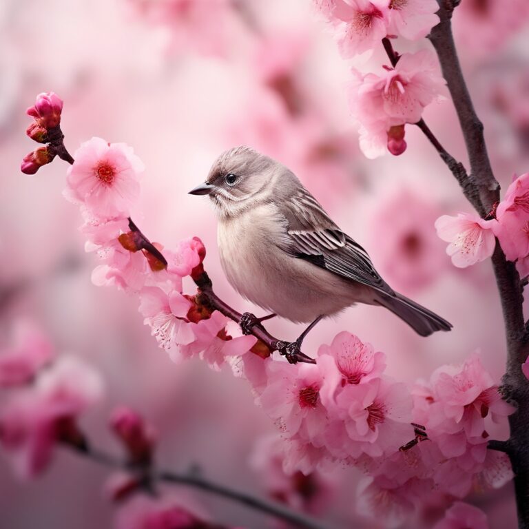 Small grey bird perched among dense pink cherry blossom