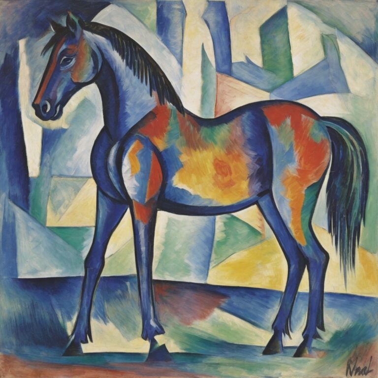 Expressionist blue horse against angular fields of green and yellow