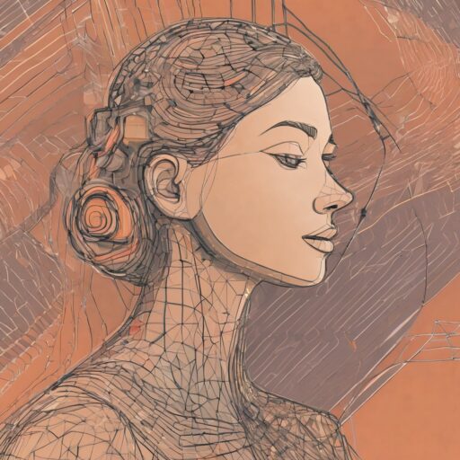 Illustration einer Frau mit detaillierten, mechanischen Merkmalen an der Seite ihres Kopfes und Halses vor einem orangefarbenen Hintergrund. Ihr heiteres Profil und die Duttfrisur sind deutlich zu erkennen.