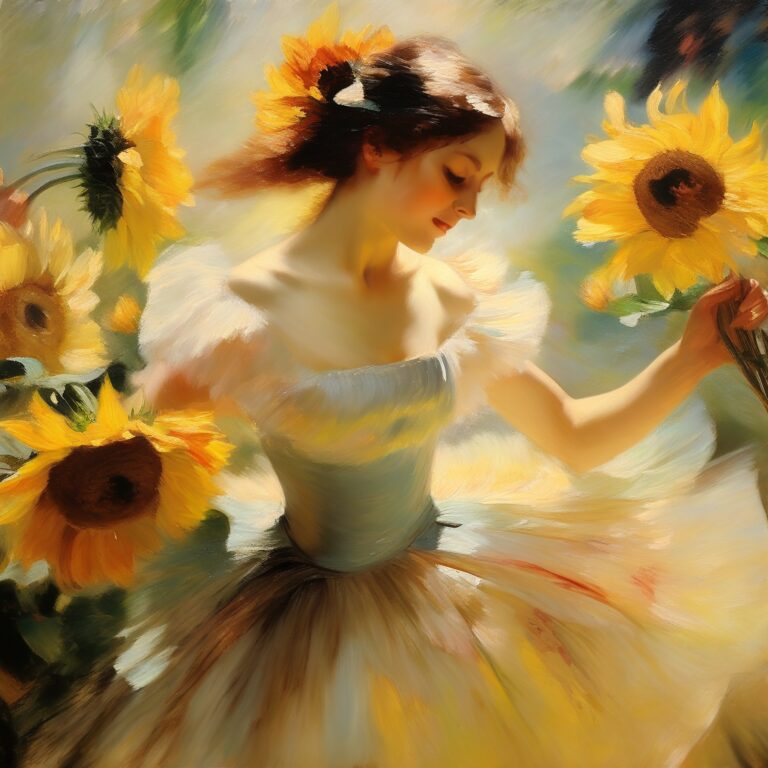 Impressionist painting of a dancer in a white dress surrounded by sunflowers