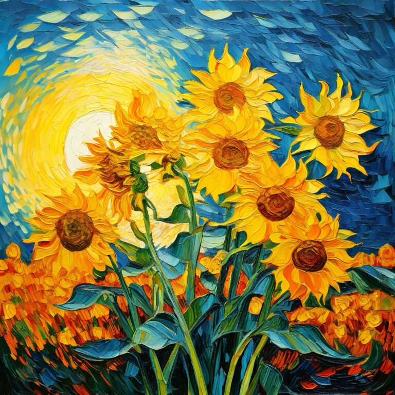 Van Gogh-style sunflowers against a swirling blue sky with a radiant sun