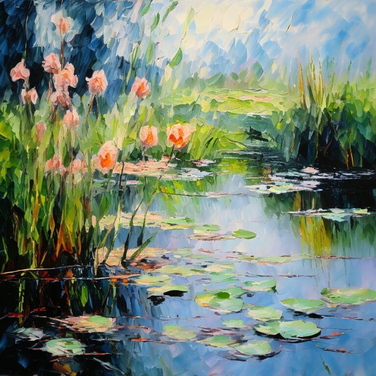 Impressionist pond with water lilies and pink irises along the bank
