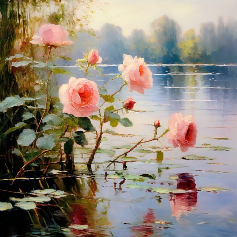 Pink roses leaning over a sunlit lake with lily pads, Impressionist style
