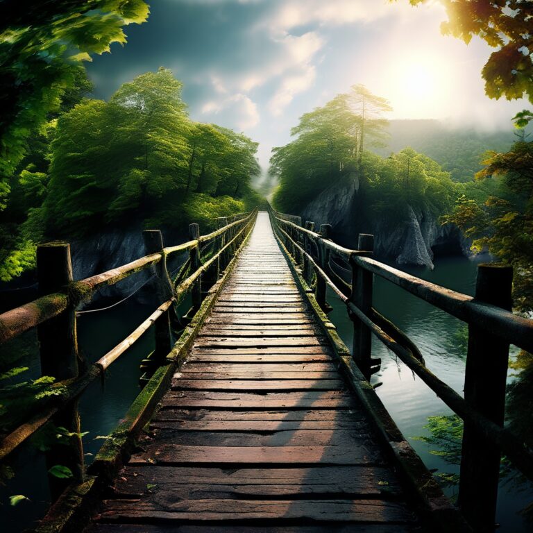 Wooden footbridge over a gorge leading into sunlit green woodland