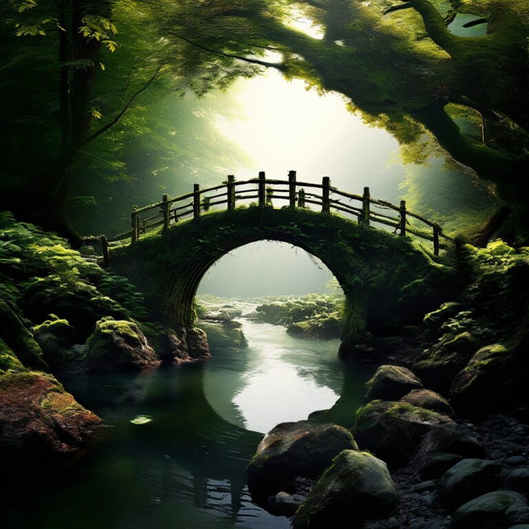 Mossy stone arch bridge over a dark forest stream in green light