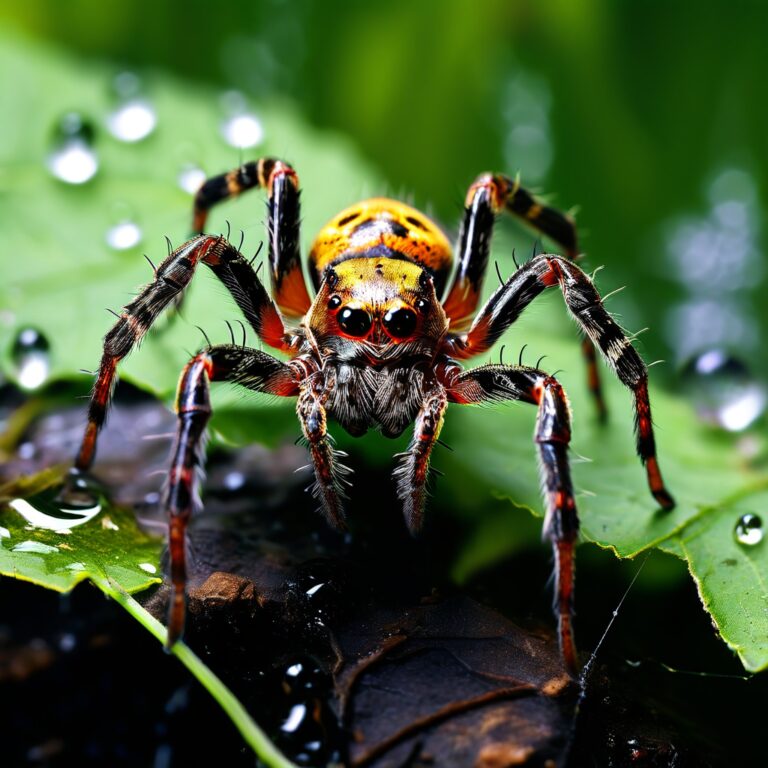 Macro photograph of a yellow-and-black jumping spider on a wet leaf