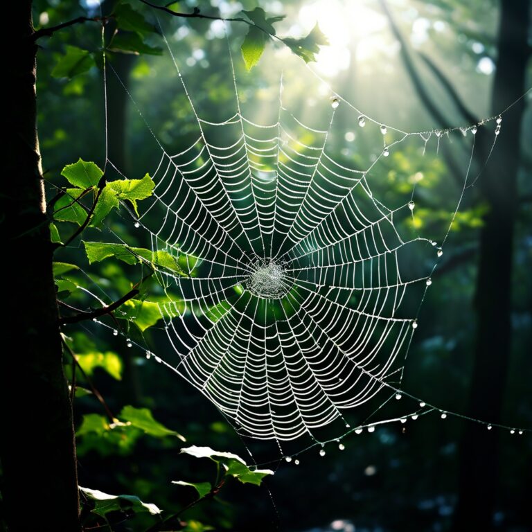 Dew-covered spider web backlit by sun in a green forest
