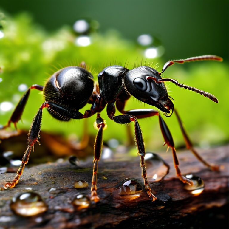 Macro photograph of a black ant on wet bark surrounded by water droplets