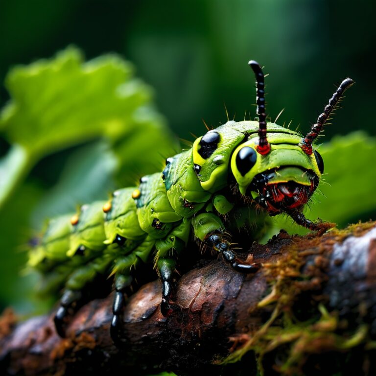 Macro photograph of a green caterpillar with black spines on a mossy twig