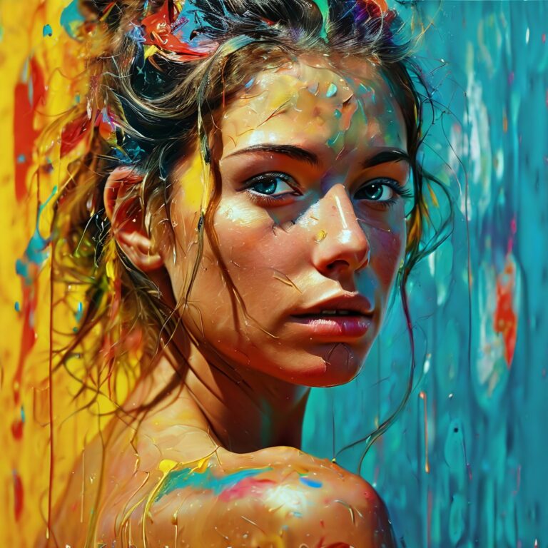 Portrait of a woman spattered with paint against a turquoise and yellow wall