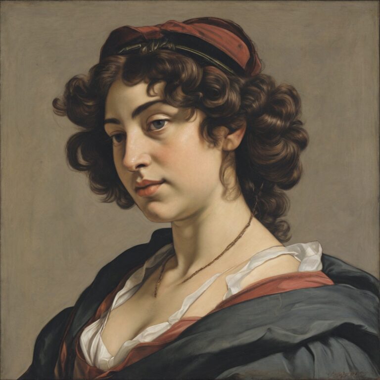 Baroque portrait of a curly-haired woman in a red cap and dark cloak