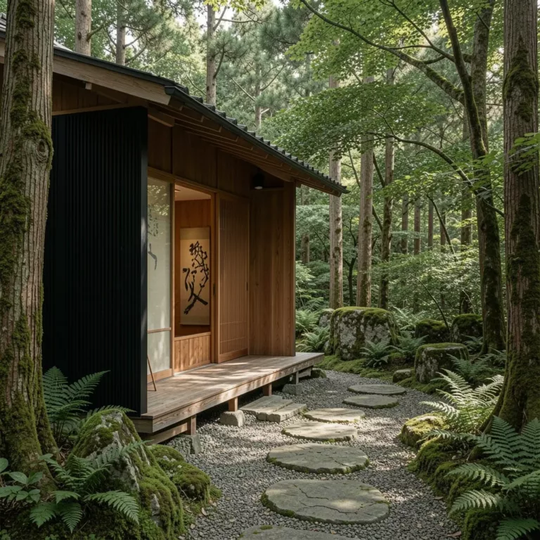 Japanese timber tea house in a cedar forest with a stepping-stone path