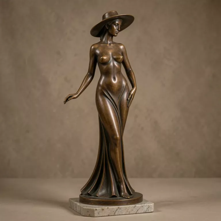 Art Deco bronze figurine of a woman in a wide-brimmed hat and gown