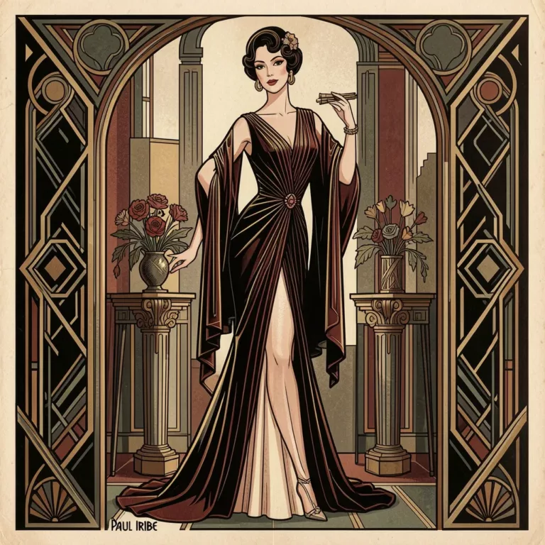 Art Deco fashion plate of a woman in a dark gown, after Paul Iribe
