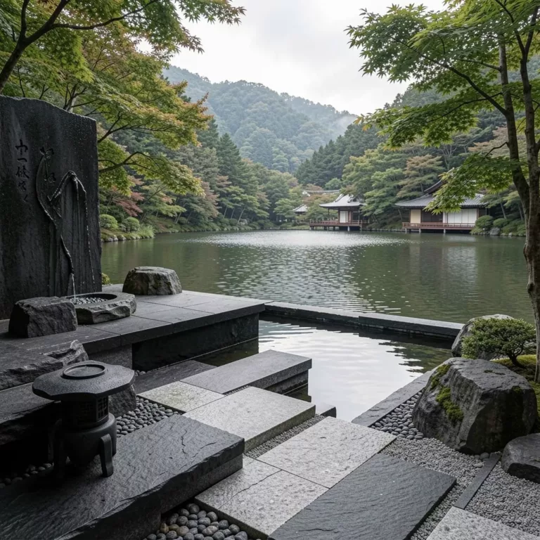 Japanese stone water basin and terrace beside a lake with pavilions
