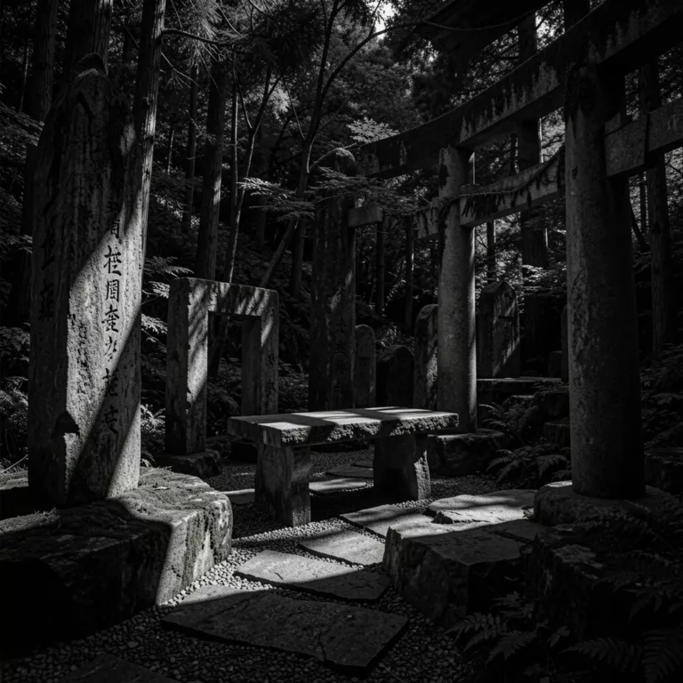 Black-and-white view of a torii gate and stone bench in a shaded grove