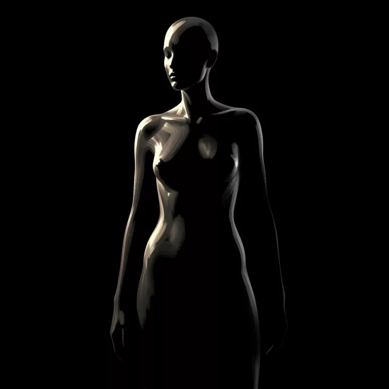Glossy dark figure sculpture lit from the side against a black ground