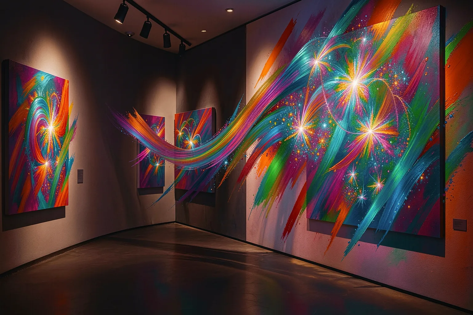 Contemporary art gallery with vibrant AI-generated abstract paintings under spotlights