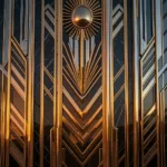AI-reimagined Art Deco skyscraper facade with golden chevrons, sunburst motif and black marble at dusk