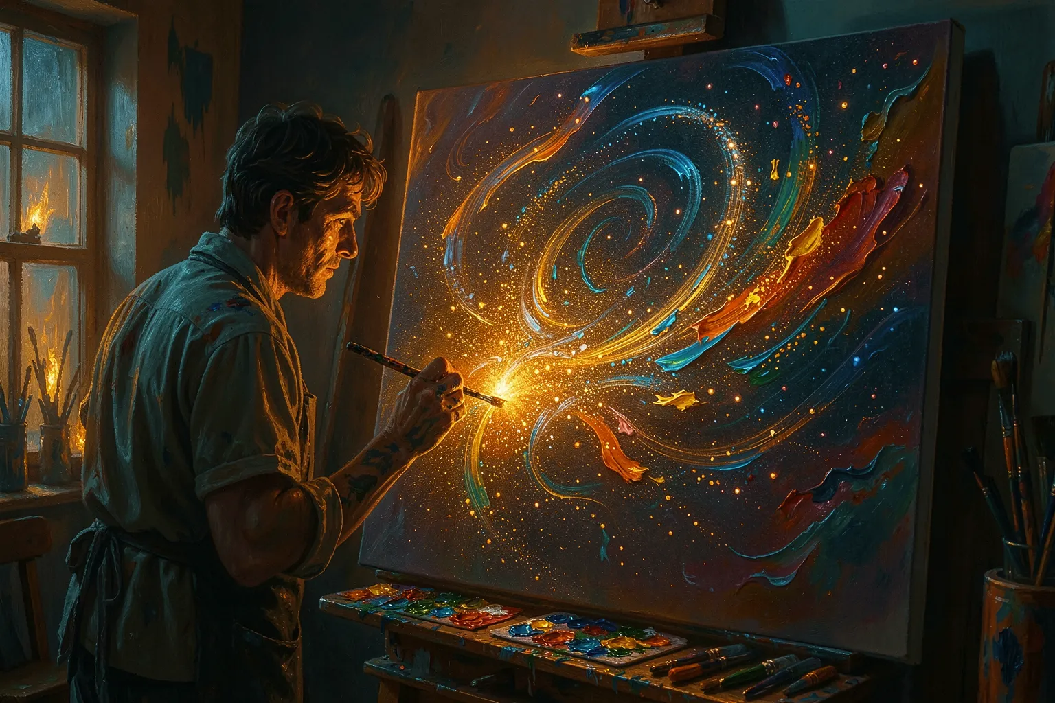 Painter at a glowing canvas dissolving into digital brushstrokes, AI as an art medium