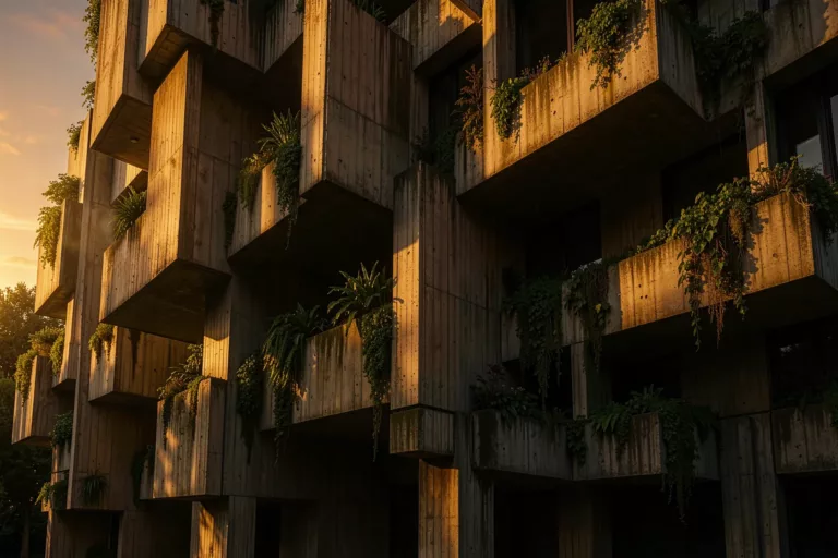 Reimagined Brutalist building in concrete softened by hanging gardens and golden light