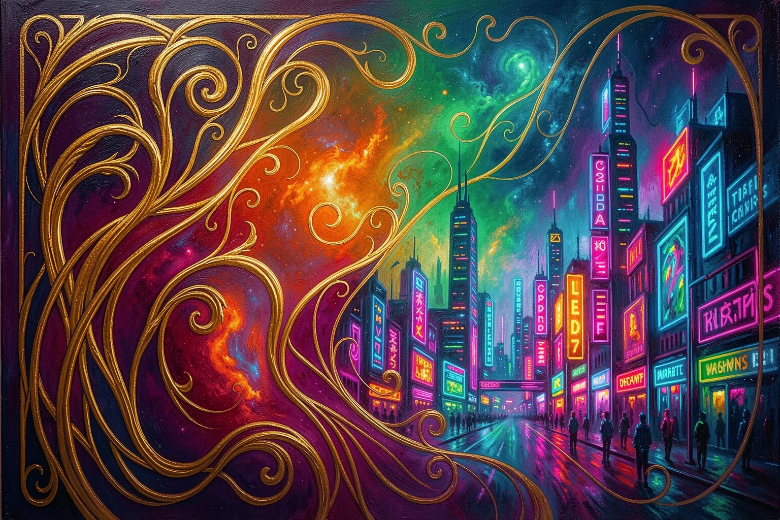Two art movements fusing on one canvas, Art Nouveau linework merging into a neon cyberpunk cityscape