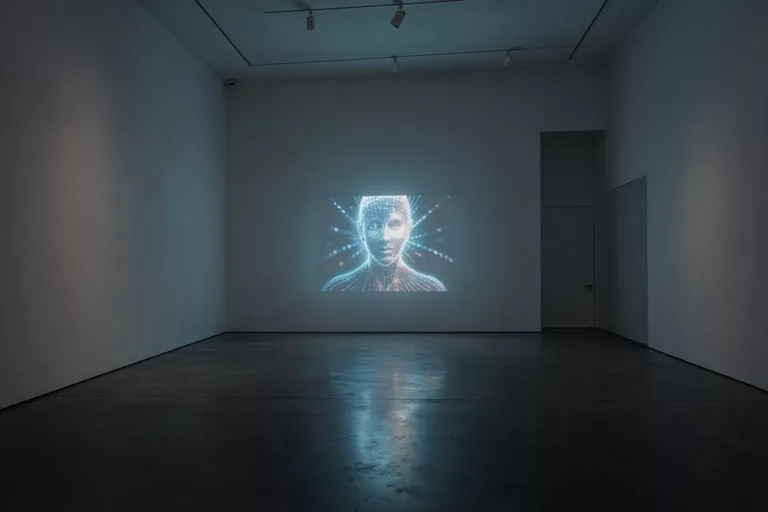 Empty Venice Biennale gallery with a single glowing AI-generated face on screen