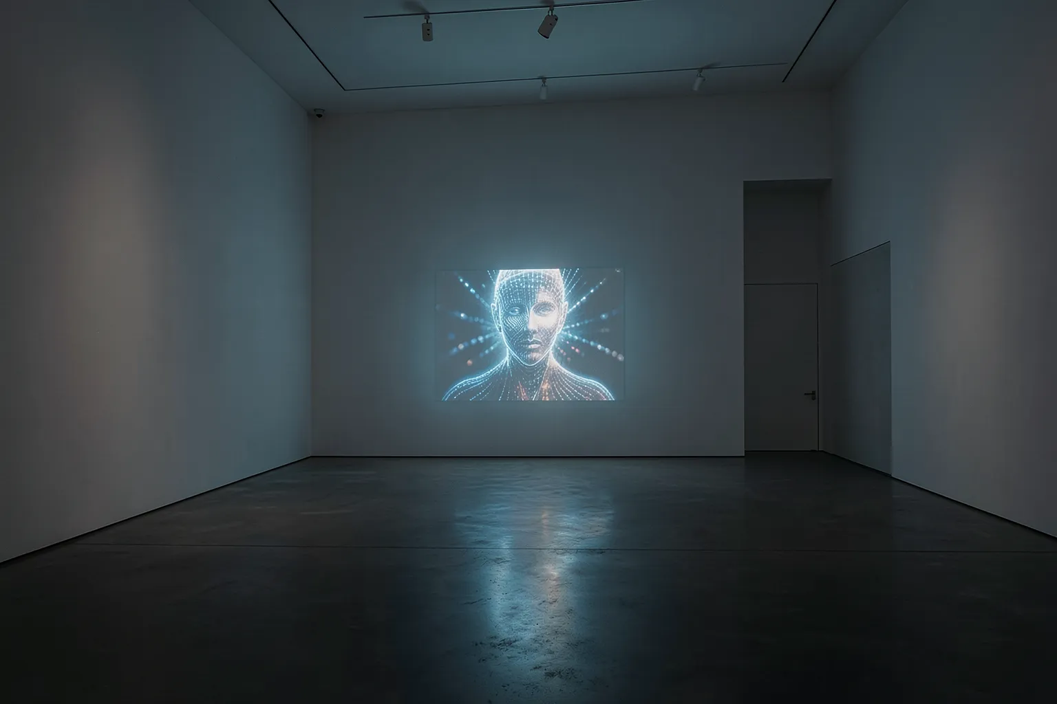Empty Venice Biennale gallery with a single glowing AI-generated face on screen
