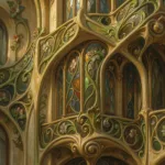AI-reimagined Art Nouveau building facade with ornate wrought-iron whiplash curves and stained glass