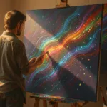 Painter before a canvas dissolving into streams of generative digital light