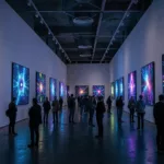 A contemporary museum gallery devoted to glowing AI-generated artworks