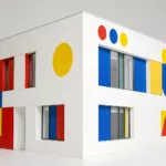 Bauhaus-inspired modern architecture with clean geometry and primary color accents