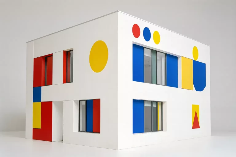 Bauhaus-inspired modern architecture with clean geometry and primary color accents