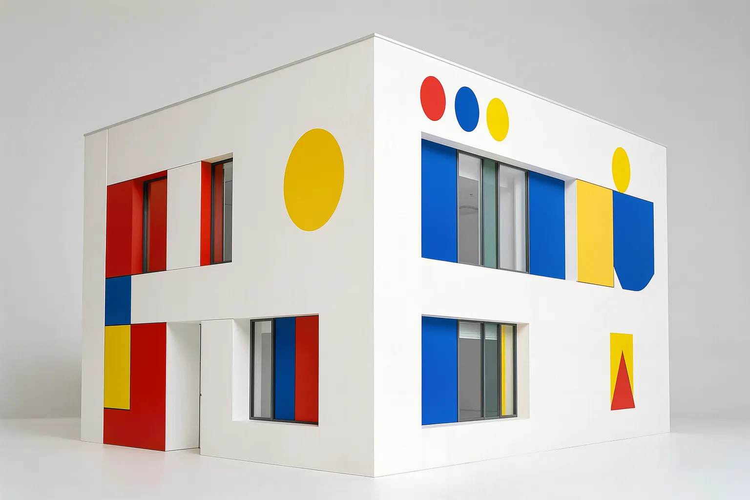 Bauhaus-inspired modern architecture with clean geometry and primary color accents