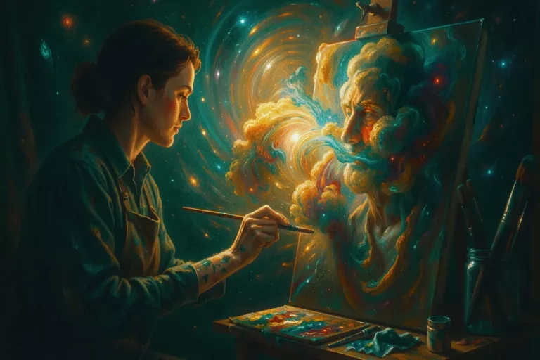 Generative artist sculpting a luminous painting inside a swirling latent space