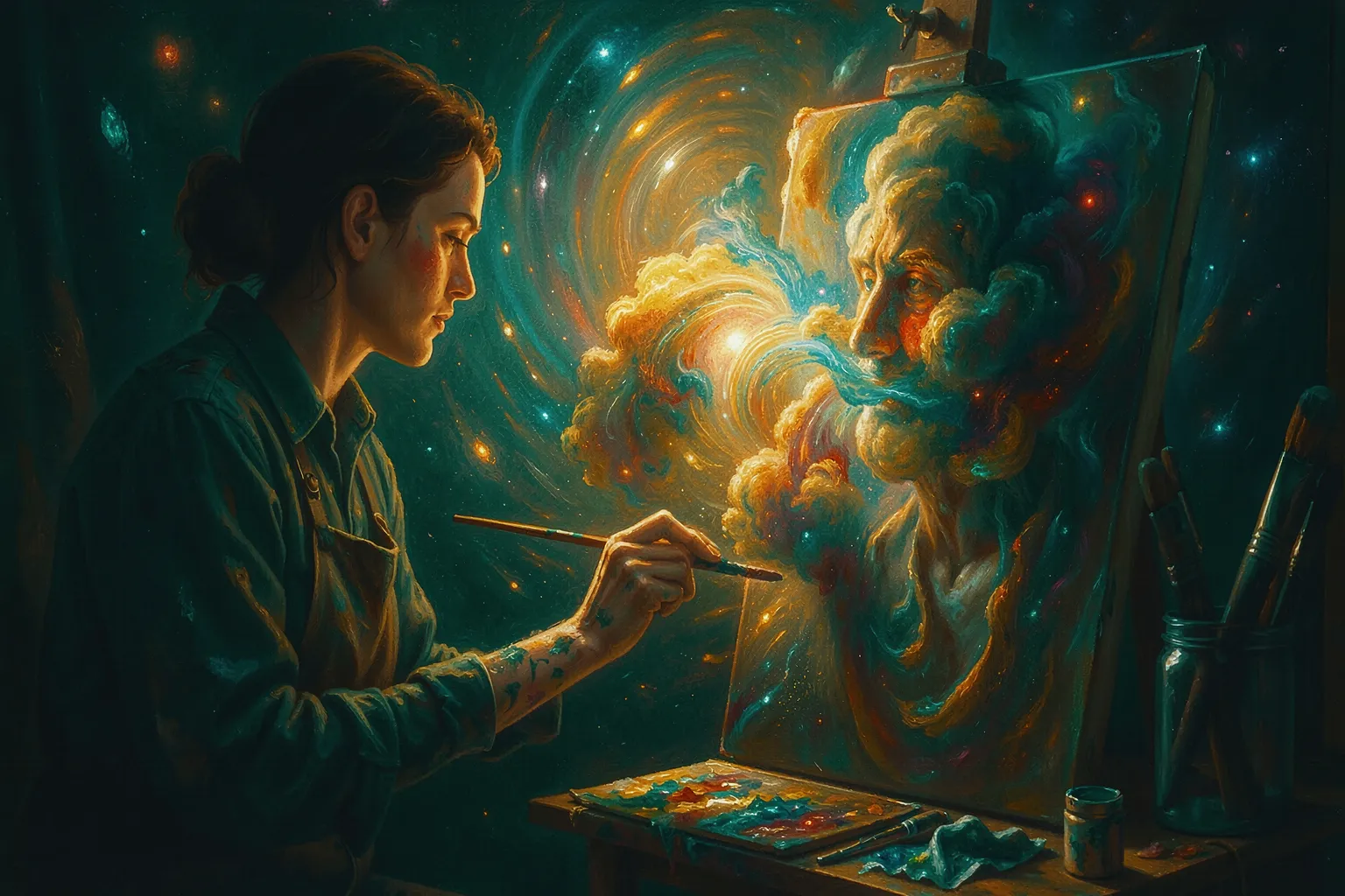 Generative artist sculpting a luminous painting inside a swirling latent space
