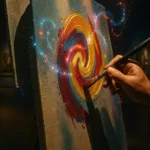 A human hand painting an expressive brushstroke amid glowing AI latent-space particles in a gallery