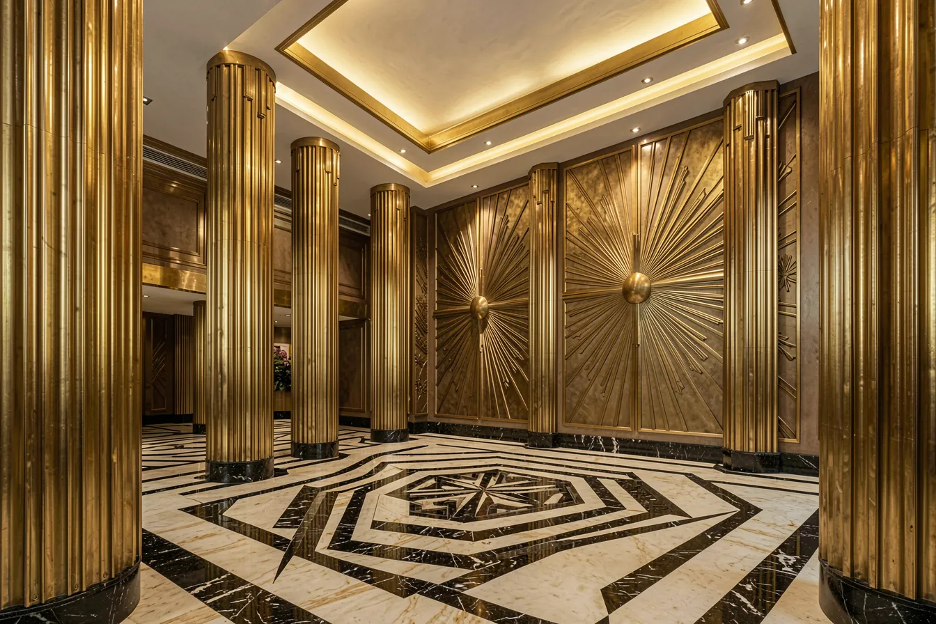 Art Deco lobby with fluted golden columns, brass sunburst wall reliefs and a geometric black-and-cream marble floor